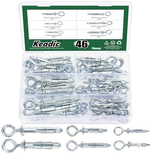 Keadic Assortiment de 46 vis d'ancrage pour mur creux de 6 tailles, M4 x 32, M4 x 38, M5 x 37, M5 x 52, M6 x 52, M6 x 65, boulons Molly en acier plaqué zinc robuste pour fixation de plaques de plâtre