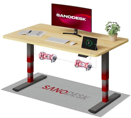 SANODESK Höhenverstellbarer Schreibtisch 120×80 cm, Dual-Motor Steh-Sitz Tisch mit 3-stufigen Beinen & USB, leises Premium-System mit Memory-Funktion und Kollisionsschutz (Grau+Ahorn)