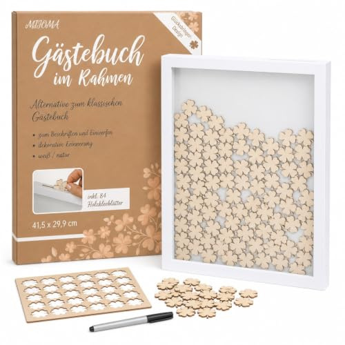 MIJOMA Gästebuch Bilderrahmen – Weißer Rahmen mit 84 Holz-Kleeblättern – Alternative zum Gästebuch für Hochzeit Taufe Geburtstag Erinnerung Deko Glücksbringer zum Aufhängen