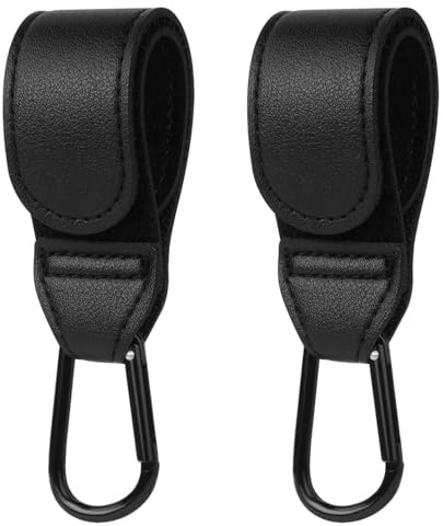 Kadem® Lot de 2 crochets universels pour poussette et sac - En cuir synthétique - Polyvalent et pratique - Avec fermeture Velcro - Noir
