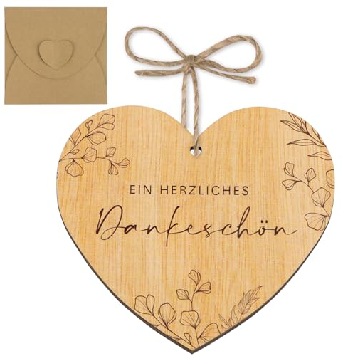 GEBETTER Dankeskarte Holz „Ein herzliches Dankeschön“ Herzform mit Umschläge Karte zum selber beschriften Geschenk Grußkarte Danke sagen Holzkarte zur Hochzeit Geburt Baby Geburtstag Jahrestag