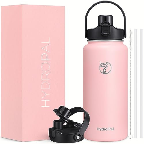 HydroPal Trinkflasche Edelstahl - 1200ml/1900ml mit Strohhalm und Henkel, BPA-Frei, Kohlensäure geeignet, flasche Metall, Aesthetic trinkflasche für Fitnessstudio (Rosa, 1900ml)