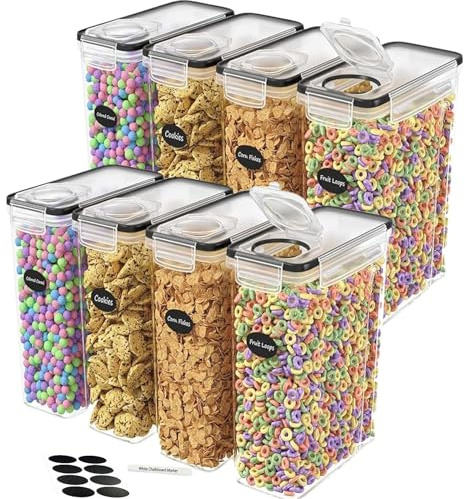 Panzy Home 4L Cereal Storage Containers – Airtight Flip-Top Lids, BPA-Free, Clear Plastic with Labels for Easy Organization– Kitchen Pantry Organiser – Ideal for Cereal, Cornflakes, and Dry Foods (8)