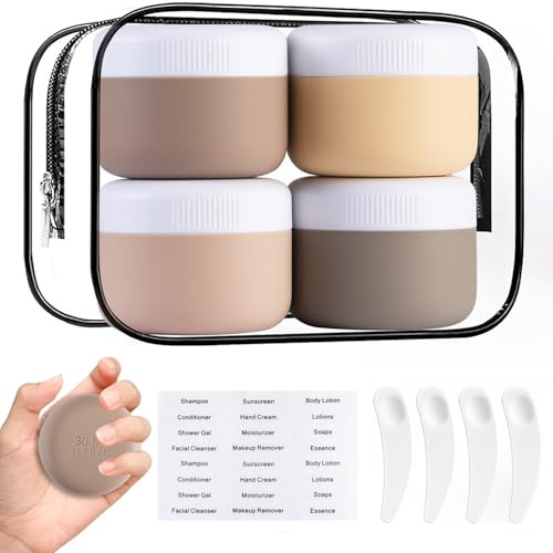 Lot de 4 Récipients de Voyage sans BPA – Pots à Crème en Silicone Anti-Fuite 30ml, Contenants Approuvés par la TSA pour Cosmétiques et Articles de Toilette