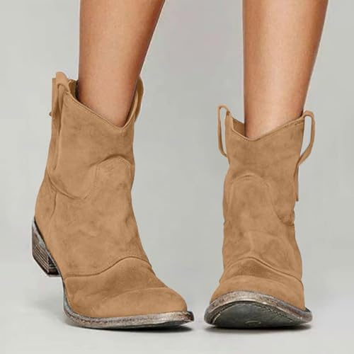 Women's Western Cowboy Ankle Boots Low Heel Mid Calf Boots with Pull-Up Tabs Slip On Round Toe Chunky Heel Retro Classic Booties Faux Suede Back Zipper Fall Short Ankle Booties