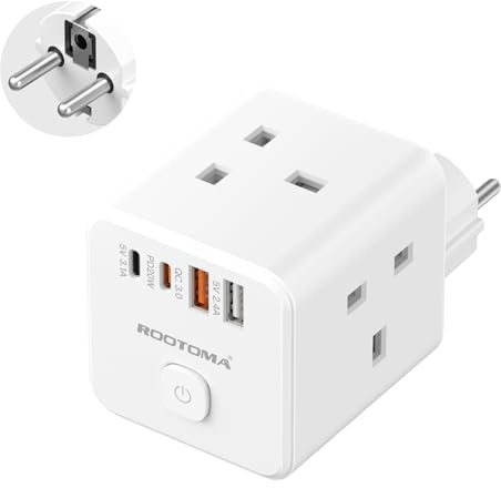 UK to EU Plug Adapter with 4 USB (QC3.0/PD20W), 3 Outlets with Switch | Cube Travel Adapter with Fast Charging for Germany, France, Spain, Italy, Portugal, Greece, Turkey and more – Type E/F