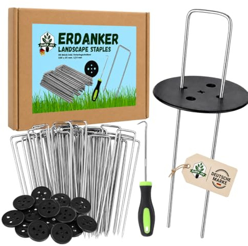 FLORA JOY Erdanker 50 Stück, 150 mm x 25 mm, Ø 3 mm, verzinkt mit 50 Unterlegscheiben & Zieher – Bodenanker Heringe Erdnägel, ideal für Gartenvlies, Unkrautvlies, Rasenkanten, Schläuche, Zaun & Zelte