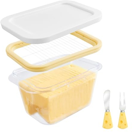 OT-NVWOZR Butterdose Kunststoff mit Deckel und Cutter Slicer, Plastik Butterschneider Butter Dish Cheese Keeper mit Buttergabel & Messer, Butterbehälter Butterbox für Kühlschränke