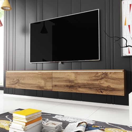 FWStyle 1.8M 2 Door Wotan Oak Effect TV Media Unit with LED – Wall Mounted or Freestanding 180cm TV Stand – Modern LED TV Cabinet with Drop-Down Doors – Contemporary Living Room Furniture