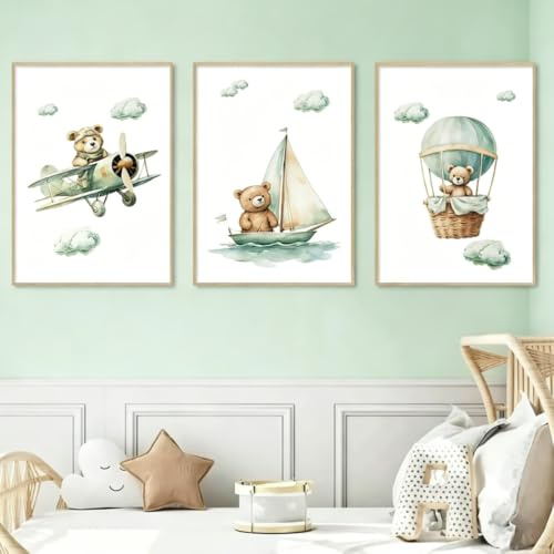 3 Bilder Kinderzimmer Bär 30X40CM Poster Bär Baby Grün Bilderwand Kinder Leinwand Babyzimmer Bilder Teddybär Poster Mädchenzimmer Junge Leinwand Mädchen Baby Bären ohne Rahmen