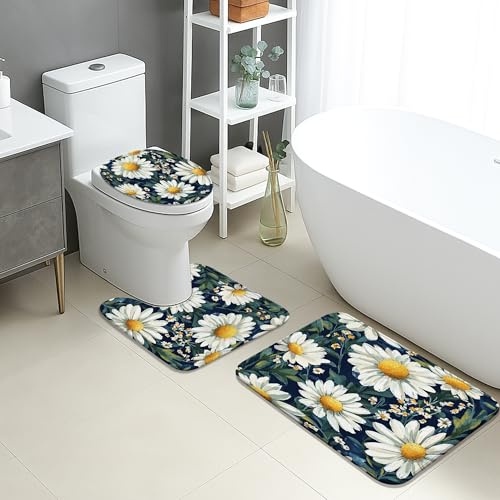 Juego de 3 alfombrillas de baño con diseño de crisantemo, diseño floral, azul, verde, absorbente, antideslizante, en forma de U, lavable, de franela de secado rápido