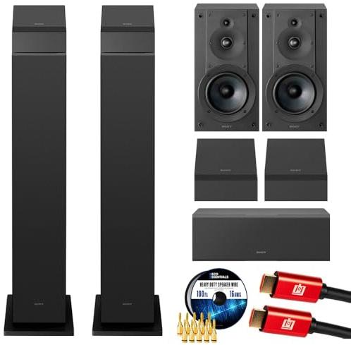 Sony SS-CS3M2 3-Way 4-Driver Hi-res Floorstanding Speaker, Black (Pair) 2025 Bundle with Center Channel Speaker + 2X Bookshelf Speaker + 2X Upfiring Speaker + Speaker Wire + Banana Plugs + HDMI Cable