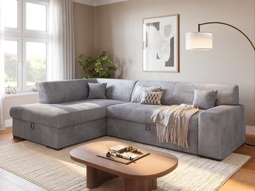 BROMARKT Ecksofa mit Bettkasten Schlaffunktion L 260cm Links Hellgrau | Wohnlandschaft mit Schlaffunktion und Bettkasten L-Form Schlafcouch Eckcouch Bettsofa 3 sitzer Cordstoff Sofa für Wohnzimmer