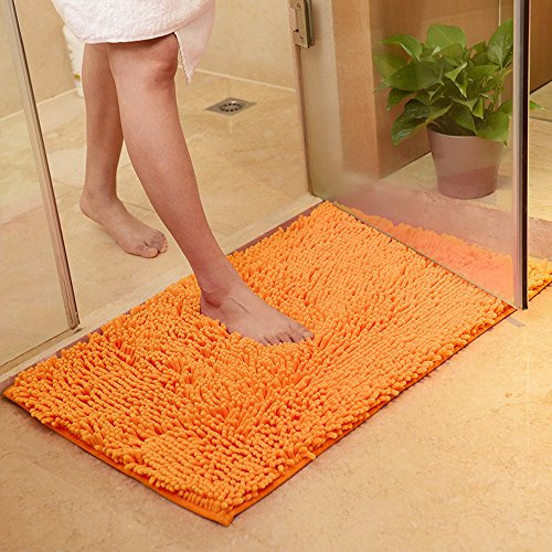 ele ELEOPTION Microfiber Soft Shag Bathroom Mat Rug Kitchen Rug Door Way Feet Mat Anti-slip Strip Absorbent Doormat Bathroom Shower Rugs Shaggy Carpet (Orange, 50x80 cm)