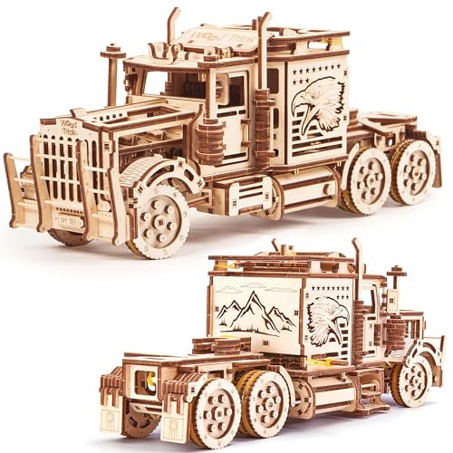 Wood Trick Big Rig Mechanischer Spielzeuglastwagen - Leistungsstarker Gummibandmotor - Realistischer Semi-Truck-Modellbausatz aus Holz für Erwachsene und Kinder - 3D-Holzpuzzle