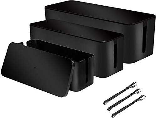 [Set of 3] 3 Cable Management Boxes + 3 Wire Ties, Large Cord Box Organizers to Hold and Hide Power Strip Charger Adapter Power Cord Charging Station USB HUB (Black)