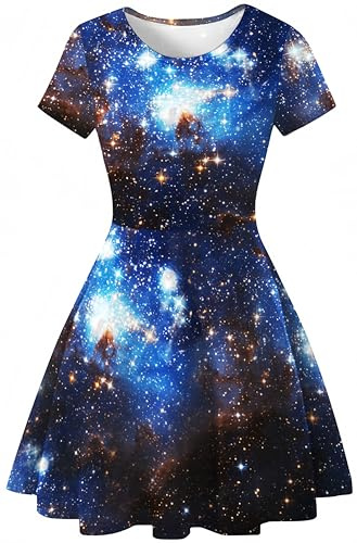 Ocean Plus kvinnors stjärnhimmel digitalt tryck A-linje kortärmad rund hals klänning kortärmad t-shirt klänning swingkjol, Blå galax, S