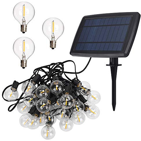 TEKLED® LED Outdoor String Lights | 25 LED G40 Decorative Bulbs | Waterproof Indoor Outdoor 25FT with Solar Panel | Warm White 4 Modes | for Patio Garden Backyard Home Christmas Tree Party Terrace
