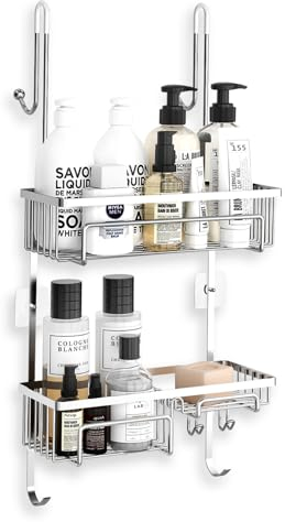 COSYLAND Organizador de ducha sobre la puerta, organizador de estante de baño a prueba de óxido, estante de pared de acero inoxidable SUS304 para dormitorio, inodoro, baño y cocina, color plateado