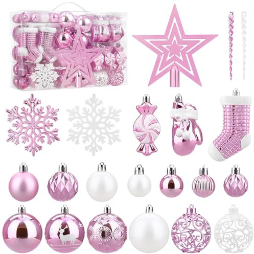 SOLEDI Juego de 128 Adornos Surtidos inastillables para árbol de Navidad, Colgantes Decorativos, Paquete de Regalo Reutilizable para árbol de Navidad (Rosa)