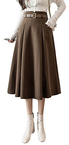 IDEALSANXUN Midi-Röcke aus Wolle für Damen, hohe Taille, A-Linie, plissiert, Gürtel, Herbst und Winter, Kaffee, Mittel
