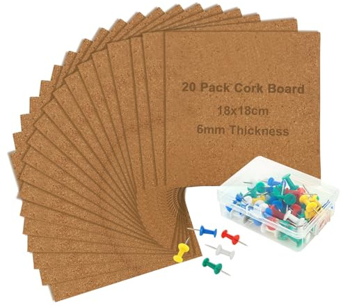 LOLYSIC 20Pcs Cork Tiles, 18 x 18 CM Self Adhesive Cork Boards for Walls, 6mm Thick Square Pin Boards Bulletin Board Corkboards for Home Bedroom Office Wall, with 50 Push Pins