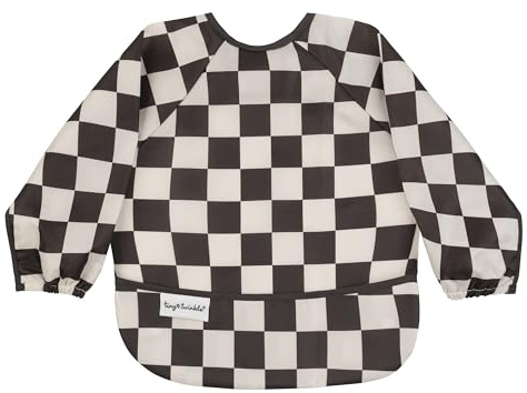 Tiny Twinkle Mess Proof Baby Lätzchen Langarm Lätzchen Outfit Wasserdicht Lätzchen für Kleinkinder Maschinenwaschbar Zerrsicher, Schwarze Karos, 6-24M