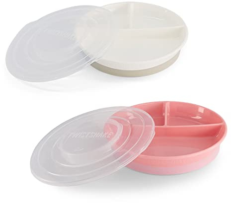 Twistshake Assiette Divisée Avec Couvercle Hermétique - Set De 2 | Assiette Divisée Pour Enfants | Sans BPA | Assiette D'alimentation | Blanc Rose