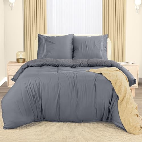 Utopia Bedding Påslakanset - Mjukt Påslakan av Polyester med Mikrofiber 200x200 cm Med 2 Broderat Örngott 80x80 cm - Grå