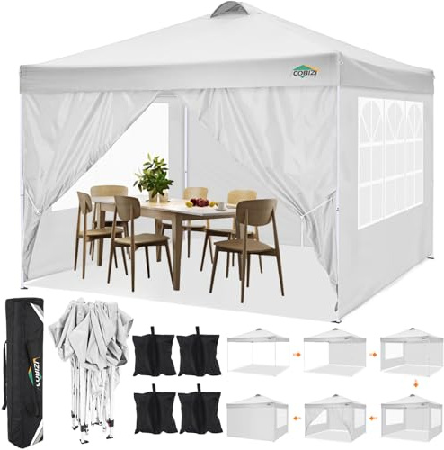 COBIZI Gazebo 3x3m Pieghevole con 4 Parti Laterali,da Esterno in Ferro Regolabile in Altezza Tendone Pieghevole con Telo Impermeabile,Protezione UV impermeabile di base 50+(Bianco)
