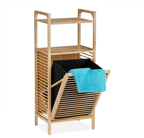 Relaxdays Badregal mit Wäschekorb, 2 Ablagen, HBT: 95 x 40 x 30 cm, Wäschesammler kippbar, Bambus, Stoff, Natur/schwarz