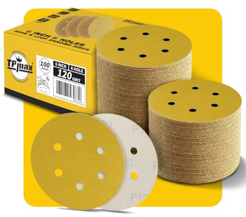 100 st 6 tum 120 korn 150 mm 6 hål slipskivor sandpapper – premium guld rund krok och ögla för slumpmässig orbital slipmaskin – perfekt för trä, metall, bil