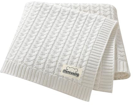 mimixiong Couverture en coton doux pour bébé Couverture tricotée Cadeaux de bébé pour garçon fille - Blanc