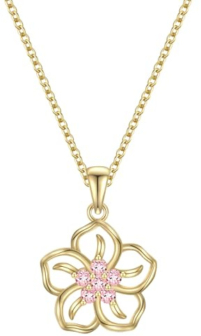Rafaela Donata Damen Kette 925/- Sterling Silber gelbgold | gelbvergoldet 14 Karat, Ankerkette, Zirkonia, rosa, Blume, Karabinerverschluss