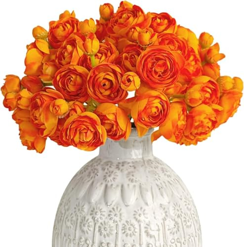 Jakiro 12 Stück Ranunkeln, künstliche Blumen, Seidenblumen, Kunstblumen, DIY-Blumenstrauß für Hochzeit, Verlobung, Tafelaufsätze, Arrangements, Brautparty-Dekorationen, Heimdekoration (Orange)