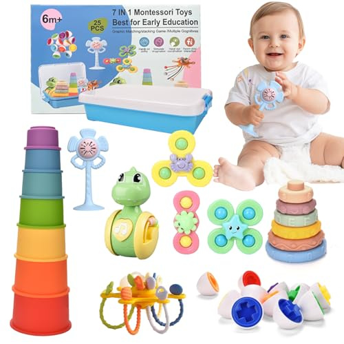 Jouet BéBé pour 6 à 12 Mois,Montessori Jeux Deveil Bebe 6-9-12-18 Mois,Jeux Dentition Empilable Sensoriel 7 en 1 Gobelets Empilables,Jouet à Ventouse à Rotation,Cadeau pour Bebe 6-12-18+ Mois,1-3 Ans