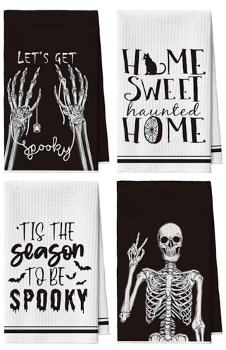 Artoid Mode Skelettierte Hand Katze Spinnen Halloween Bar Küchentücher Geschirrtücher, 42x65 cm Mikrofaser Saugfähig Handtücher Küchen Deko 4er Set