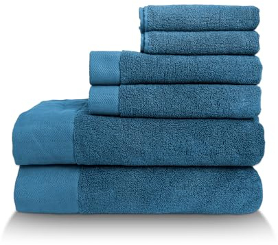 HiChiclife 6-teiliges Badehandtuch Set Blau – 100% Baumwolle – 2 Duschtücher 70×140 cm, 2 Handtücher 34×74 cm, 2 Waschhandschuhe 35×35 cm – Weich & Langlebig
