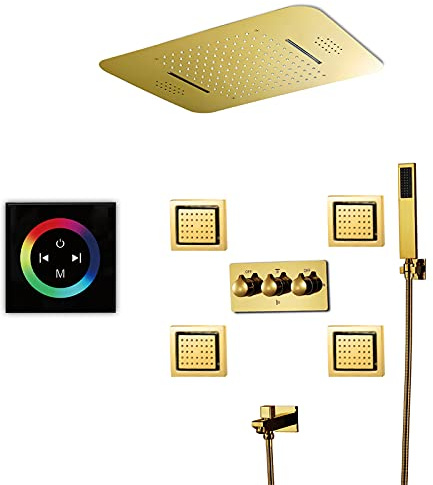 Shower System Music LED Shower Faucet Set Concealed Gold Shower Combo Set with Ceiling Mounted Rainfall Shower Head, Handheld Sprayer, Tub Spout and Body Jets,Remote Control (Fj?rrkontroll A)