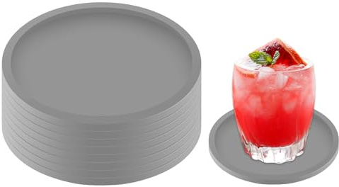 MOXYOY Gray Coasters Set of 8 Round Silicone Drink Coasters. Non-Slip Cup Mats for Coffee, Beer, Wine Glasses, and Bottles. Perfect for Home & Bar Use (Gray)