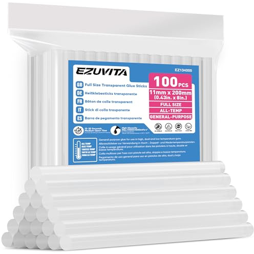 EZUVITA Full Size Hot Glue Sticks, 0.43” Dia x 8” Long, 100-Pack Clear Hot Melt Glue Gun Sticks for All-Temp Full Glue Guns, Multipurpose for DIY Art Craft General Repairs, Festival Decorations