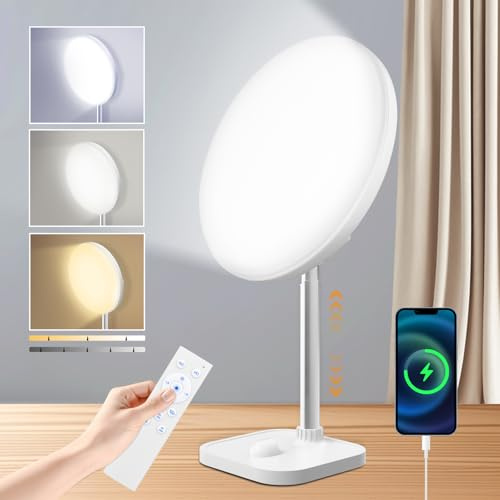 Lampada per terapia della luce 15000 Lux, lampada per luce diurna 3 temperature di colore, 5 intensità luminose regolabili e funzione di memoria, con timer e telecomando, porte USB-A,per la lettura/B