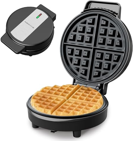 KEINVE Waffle Maker, 8'' Round Classic Waffle Maker Machine, 1000W, 2-Minute Preheating, Makes 1 Full or 4 Quarter Waffles, Non-Stick Waffle Irons, Easy to Clean, Perfect for Breakfast