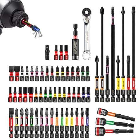 GEINXURN 66 Pièces Jeu d'Embouts de Tournevis PH/PZ/Torx/Hex, Longueurs 25mm,50mm,75mm,150mm,Queue Hexagonale 1/4,Acier Allié S2,Avec Porte-Embout Magnétique,Douilles,Mini Clé à Cliquet