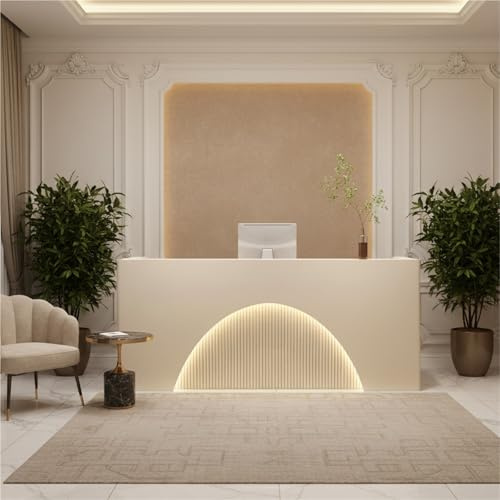 UKETO Empfangstheke Rezeptionstheke Modern Weiß Hochglanz Lack Büro Empfangstresen Minimalistische Bogenform Empfangstisch für Geschäft Büro Hotel Kosmetikstudio(Beige,180cm/70.87)