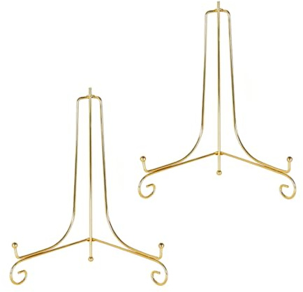Lot de 2 Presentoirs Metal Dore 20cm pour Assiettes Decoratives Table | design raffine sophistique, support stable, mini chevalet polyvalent, cadres photo livres, cartes postales, elegants
