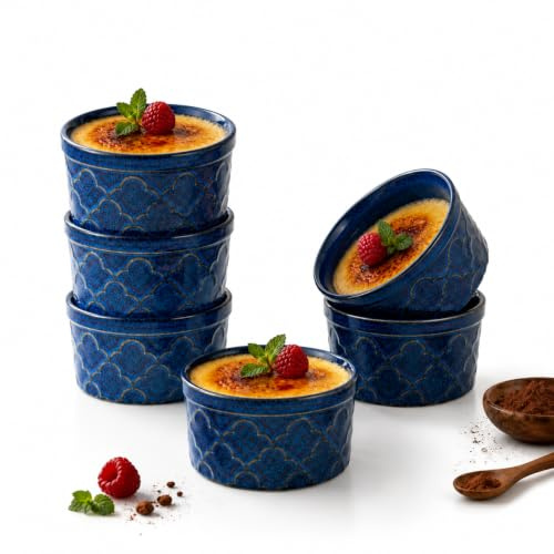 Ceramic Ramekins, 227ml Ramekins Oven Safe, Ramekin Dishes, Set of 6 | Creme Brulee Dish for Cakes, Pudding, Dipping Sauce, Microwave & Dishwasher Safe, Souffle Dishes, Reactive Glaze Blue