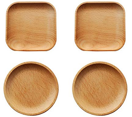 CAN_Deal 4 Pièces Mini Assiettes en Bois De Hêtre 12cm Plats en Bois Plateau en Bois Nettoyage Facile Vaisselle Légère Incassable Assiette Classique pour Plats Snack, Dessert
