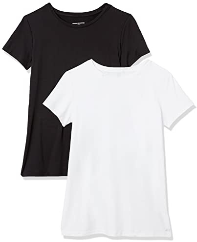 Amazon Essentials Haut de Gymnastique Extensible en Tissu Technique à Séchage Rapide, Col Rond et Manches Courtes (Disponible en Grande Taille) Femme, Lot de 2, Blanc Vif/Noir, XL