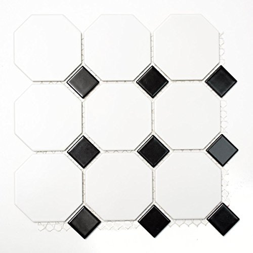 Mosaik Fliese Keramik Octagonal weiß matt schwarz glänzend für BODEN WAND BAD WC DUSCHE KÜCHE, Mattengröße: 300x300 = 0,09 qm, Steingröße: 97x97x6,5 mm - 1 Matte